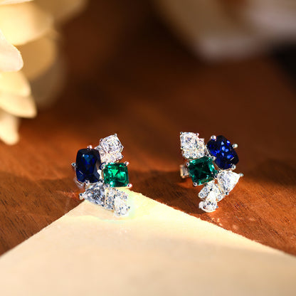 Green and Royal Blue Stone Stud Earrings for Women, S925 Silver, 18K Gold Plated