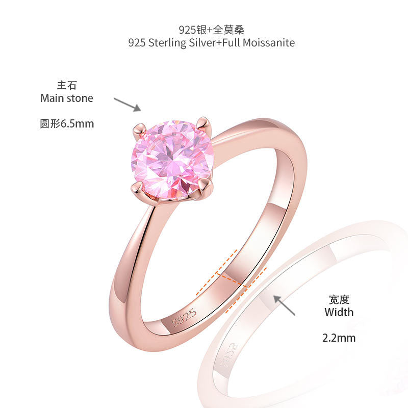 Pink Moissanite Solitaire Ring, 6.5mm Round Stone, S925 Sterling Silver with 18K Rose Gold Plating product image