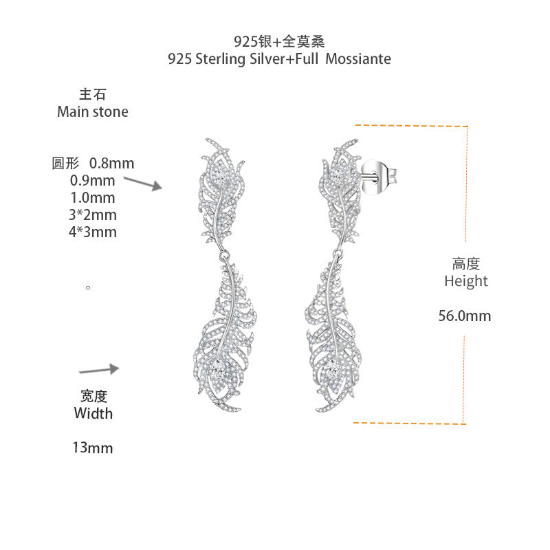 Feather Moissanite Drop Earrings for Women, S925 Silver 18K Gold Plated Ear Studs product image