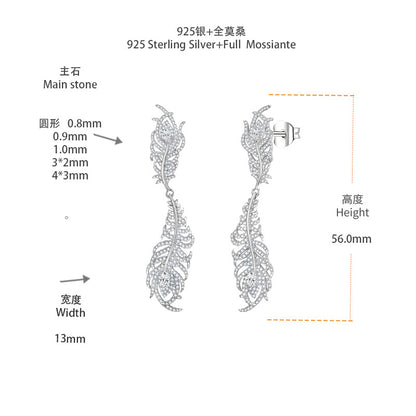 Feather Moissanite Drop Earrings for Women, S925 Silver 18K Gold Plated Ear Studs
