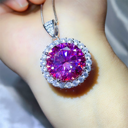 Pink 20 Carat Round Halo Moissanite Pendant Necklace for Women