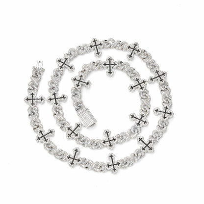 Iced Out Cross Cuban Link Chain Necklace & Bracelet, Cubic Zirconia Hip Hop Jewelry