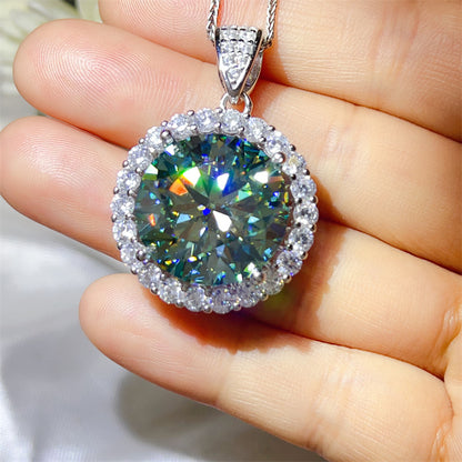 20 Carat Green Moissanite Halo Pendant Necklace for Women, Round Oversized Statement Necklace