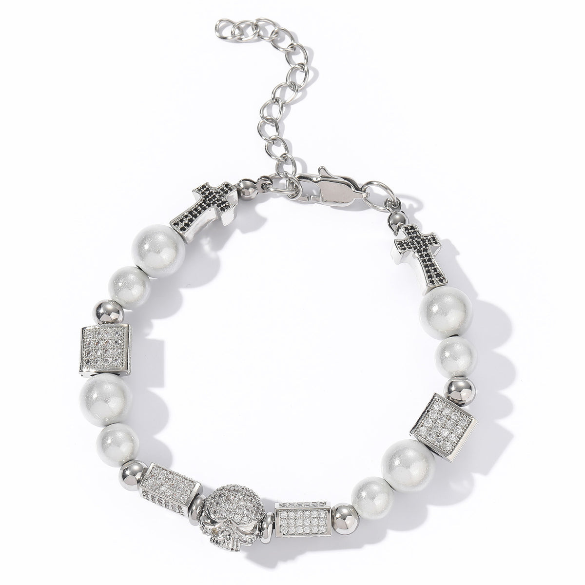 Hip Hop Vintage Cross Skull Pearl Bracelet for Men product image