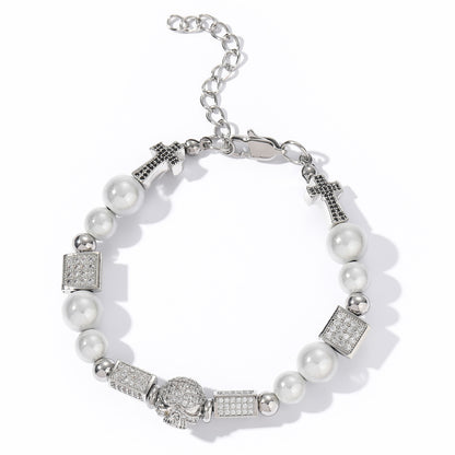 Hip Hop Vintage Cross Skull Pearl Bracelet for Men