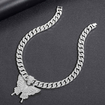Butterfly Cuban Link Alloy Pendant Necklace for Men and Women