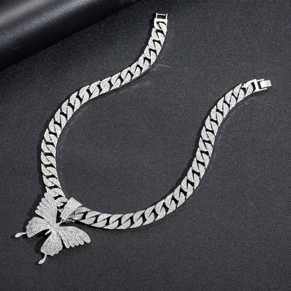 Hip Hop Punk Butterfly Cuban Link Alloy Pendant Necklace for Men and Women