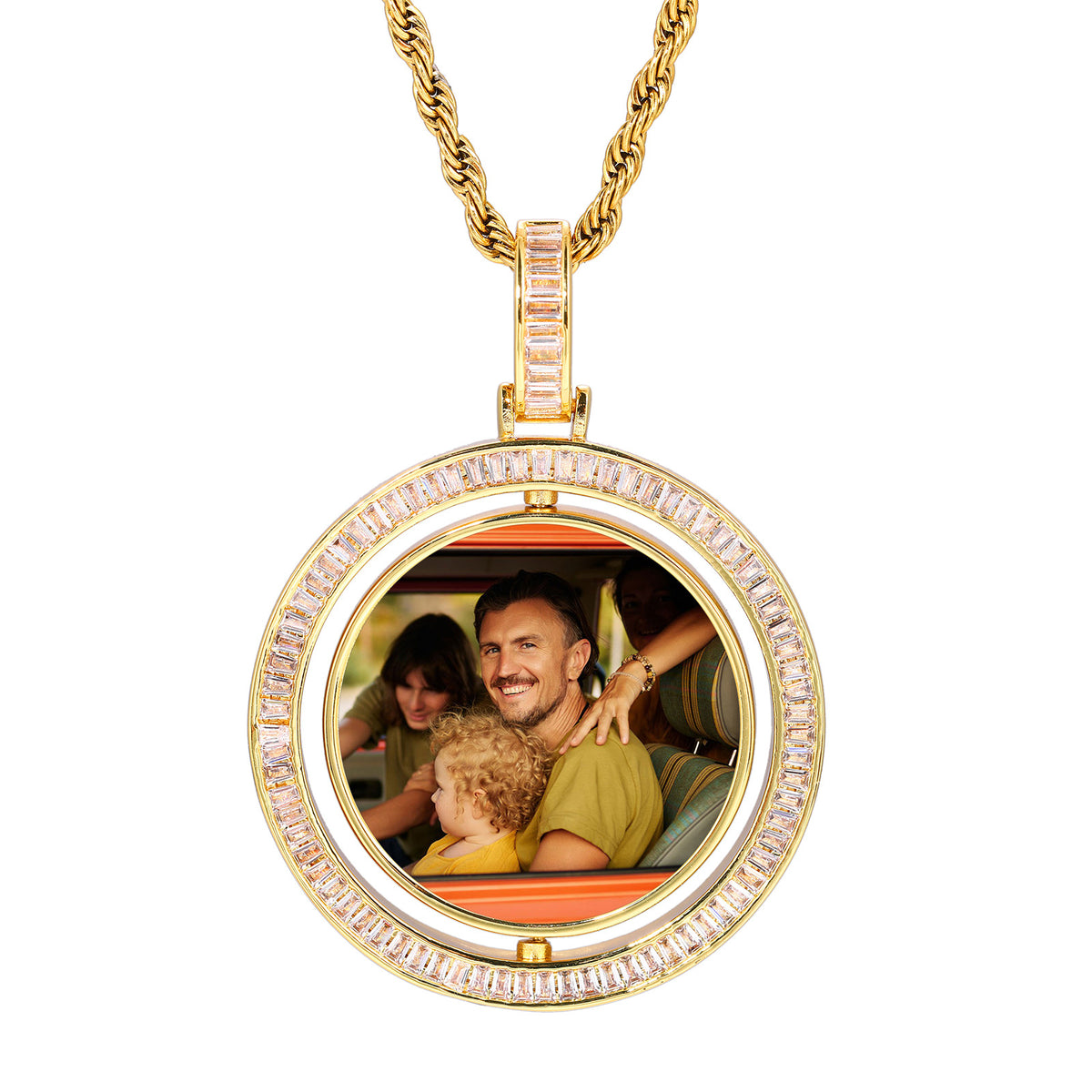 Iced Out Round Photo Pendant Necklace with Cubic Zirconia Rope Chain for Women and Men product image