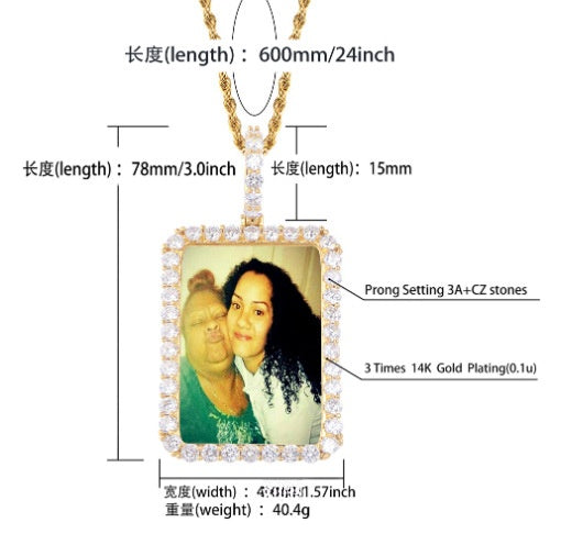 （定制）长方形照片大号吊坠金色+24inch古巴链