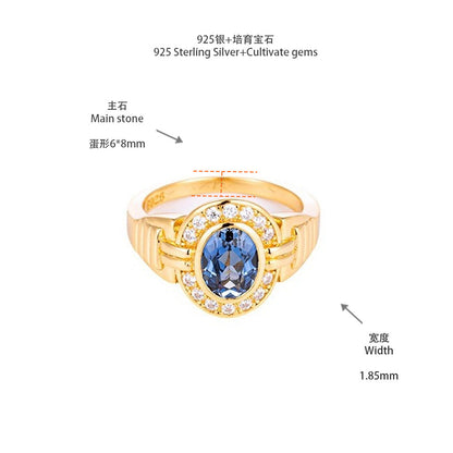 Vintage Blue Oval Halo Ring, 18K Gold Tone Closed-Band Ring for Women