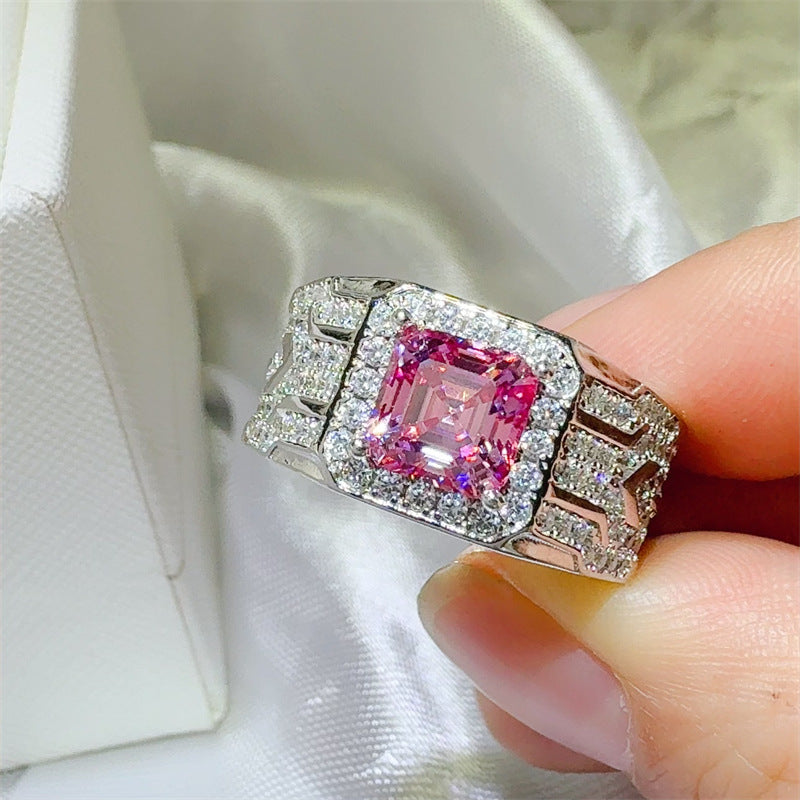 Men's Pink Asscher Cut Moissanite Ring with Halo Pavé Band product image