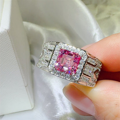 Men's Pink Asscher Cut Moissanite Ring with Halo Pavé Band