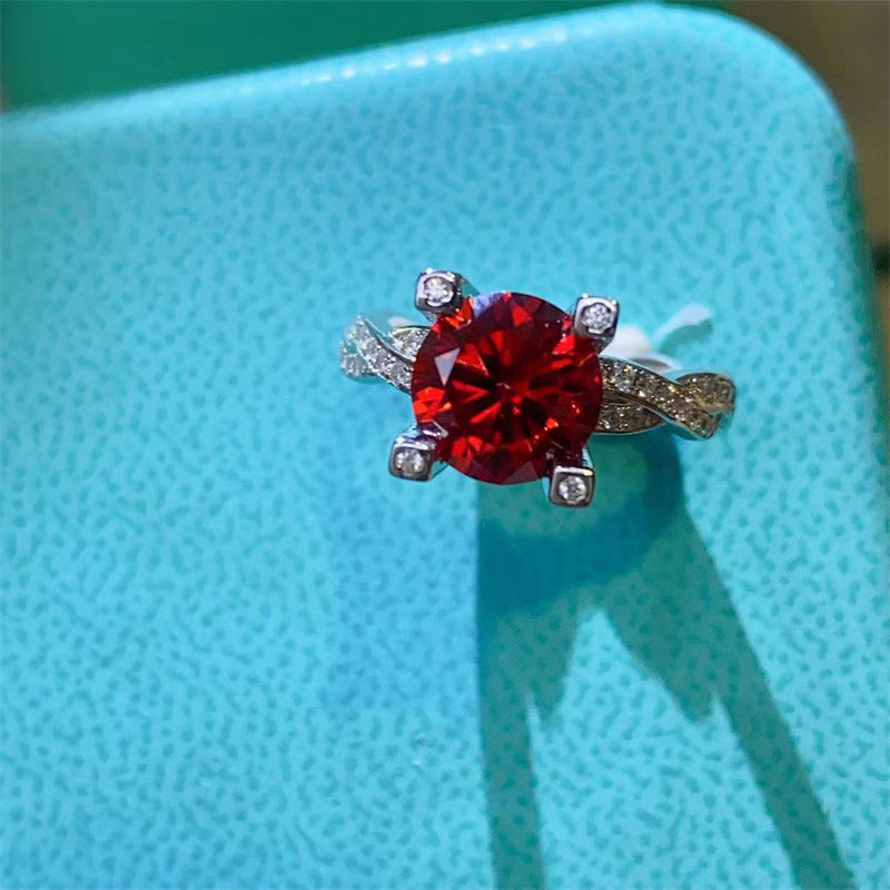 2 Carat Pigeon Blood Red Moissanite Ring for Women, Round Cut Twist Band Ring product image
