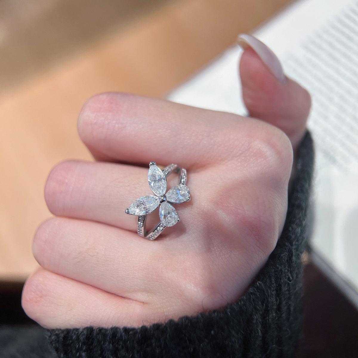 Total 2 ct Moissanite Butterfly Moissanite Ring, S925 Sterling Silver, Marquise Cut product image