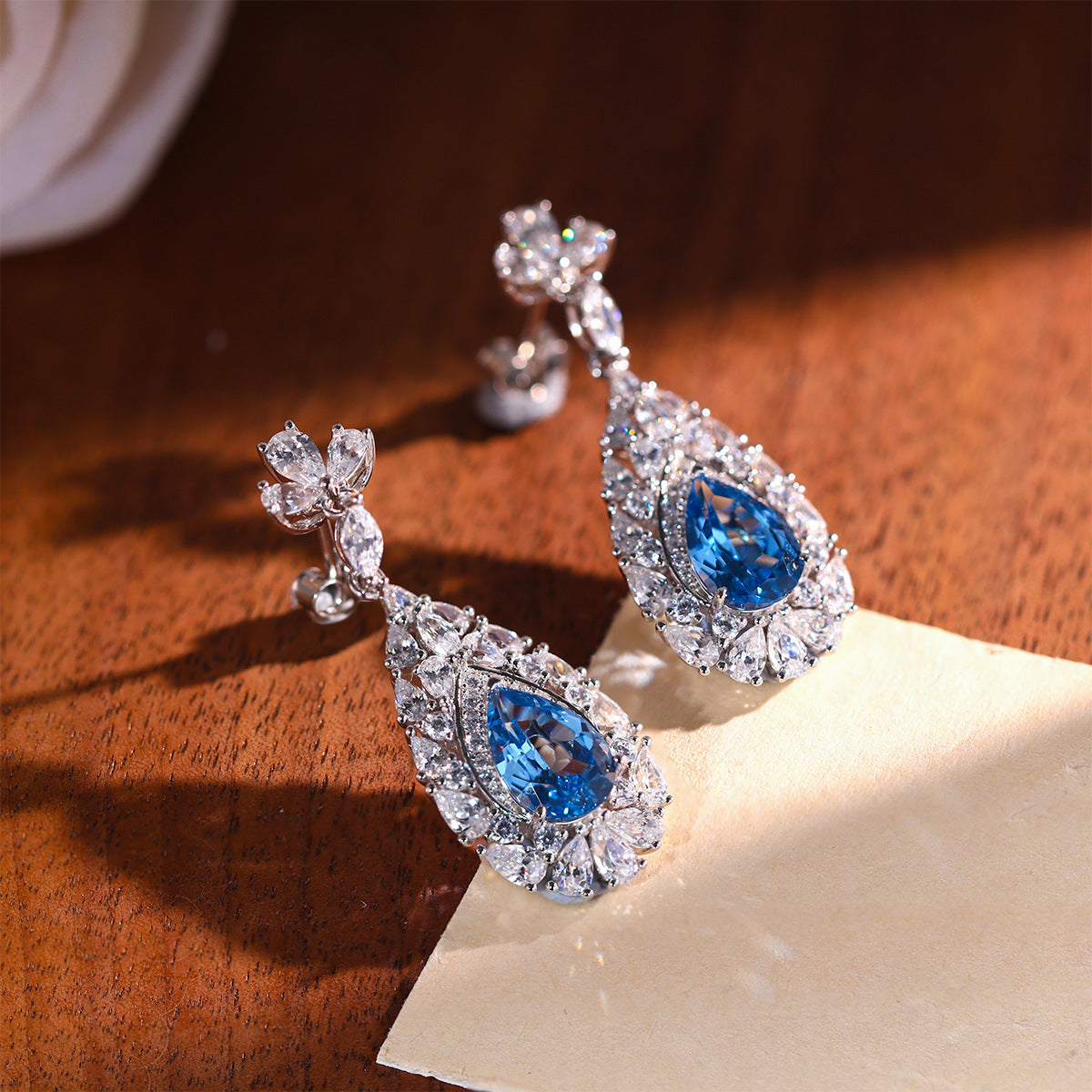 Blue Teardrop Drop Earrings, 925 Silver Crystal Halo Dangle Earrings product image