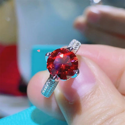 2 Carat Pigeon Blood Red Moissanite Ring with Pavé Band for Women