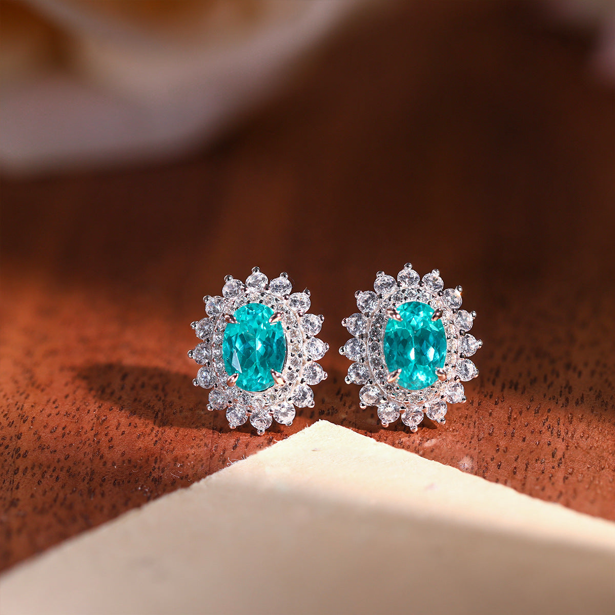 S925 Silver Teal Halo Jewelry Set for Women, Necklace Earrings Ring product image