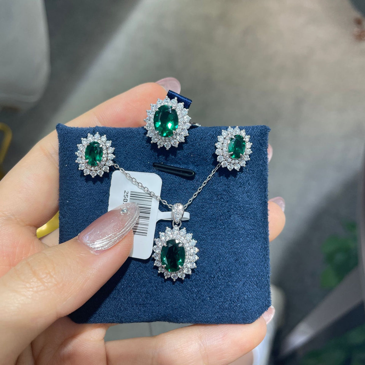 Emerald Green Oval Jewelry Set for Women, Halo Ring Earrings Necklace product image