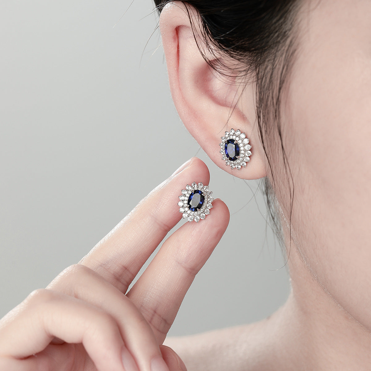 Royal Blue Oval Gemstone Jewelry Set for Women, Ring Earrings Pendant Necklace, Vintage Halo Style product image