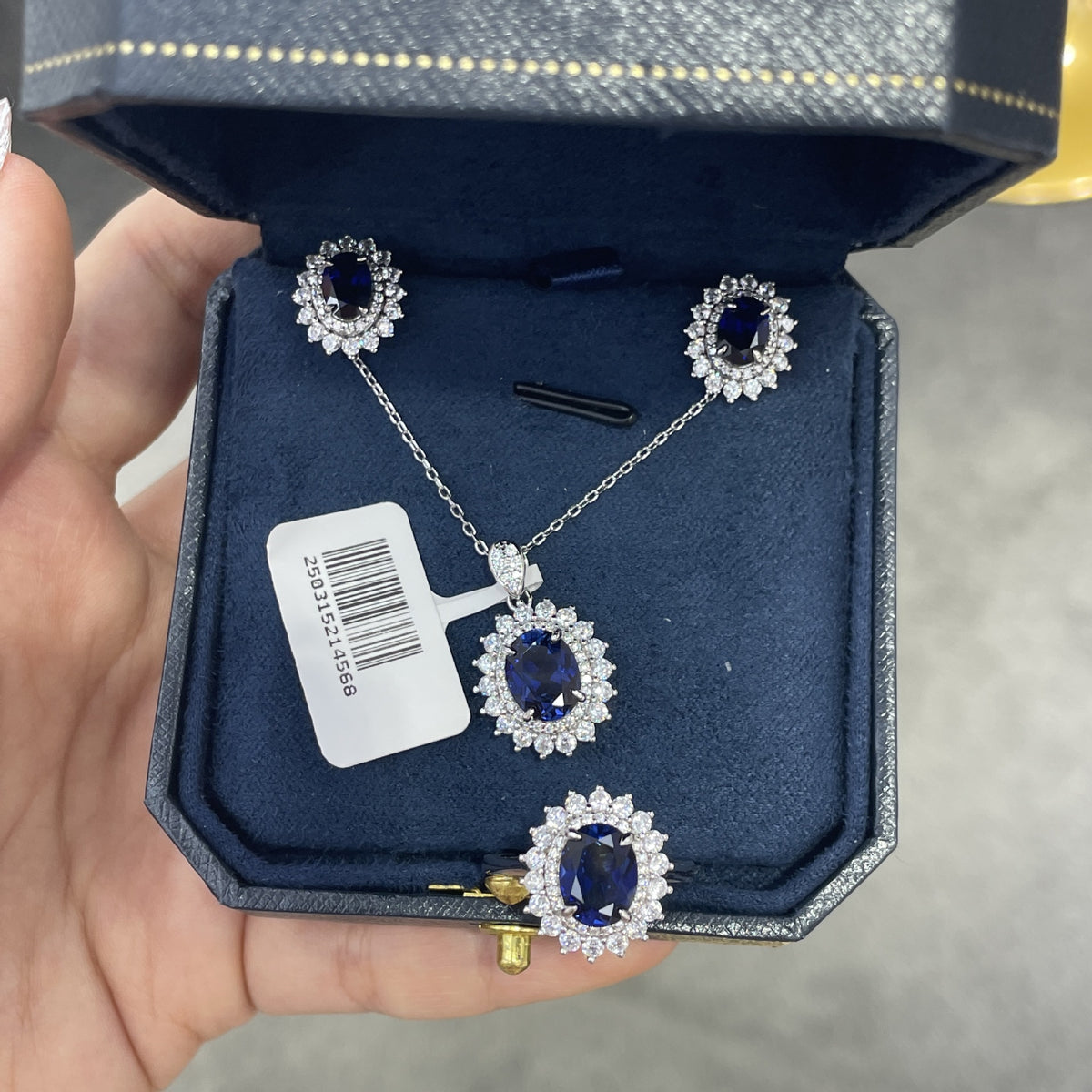 Royal Blue Oval Gemstone Jewelry Set for Women, Ring Earrings Pendant Necklace, Vintage Halo Style product image