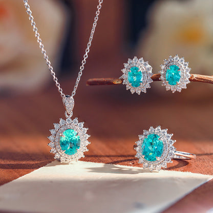 S925 Silver Teal Halo Jewelry Set for Women, Necklace Earrings Ring