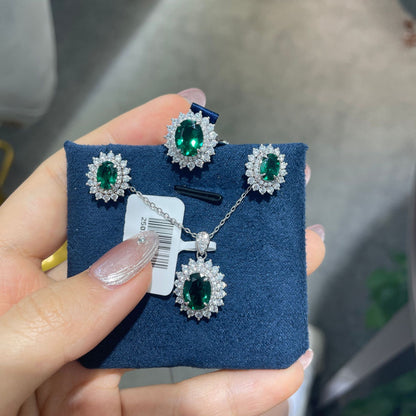 Emerald Green Oval Jewelry Set for Women, Halo Ring Earrings Necklace