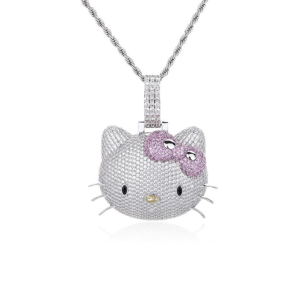 Cartoon Cat Face Rhinestone Pendant Necklace, Twisted Chain, Hip-Hop Style