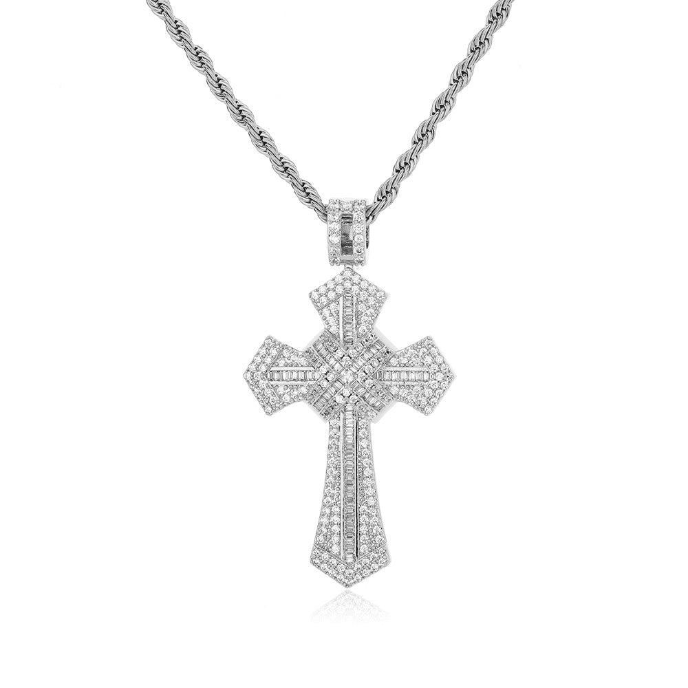 Cross Pendant Rope Chain Necklace, Zircon Inlay, Unisex Street Style