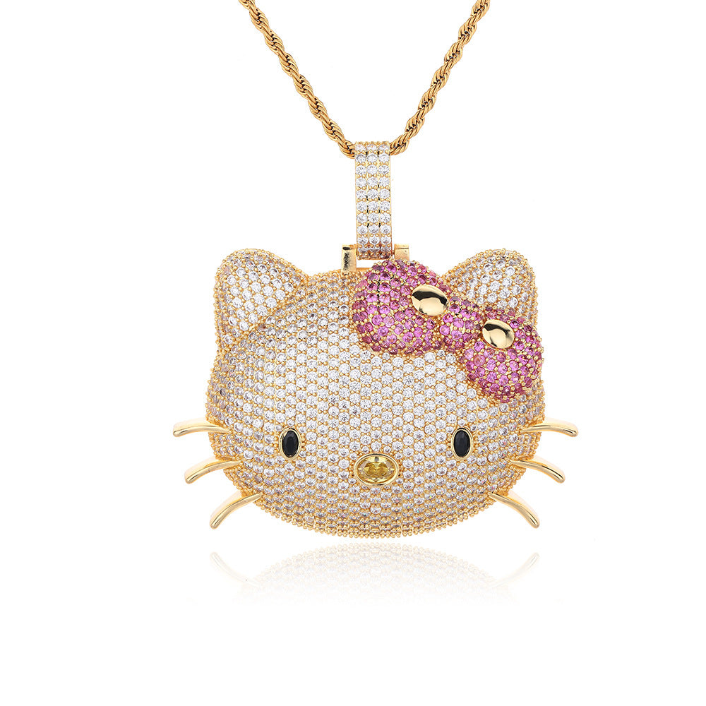 Cartoon Cat Face Rhinestone Pendant Necklace, Twisted Chain, Hip-Hop Style