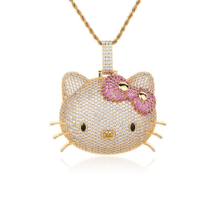 Cartoon Cat Face Rhinestone Pendant Necklace, Twisted Chain, Hip-Hop Style
