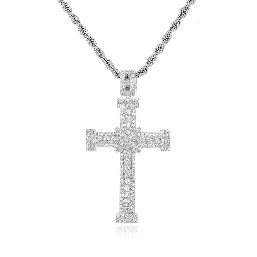 Rope Chain Cross Pendant Necklace, Iced Out Hip Hop Cross Charm, Unisex Statement Jewelry product image