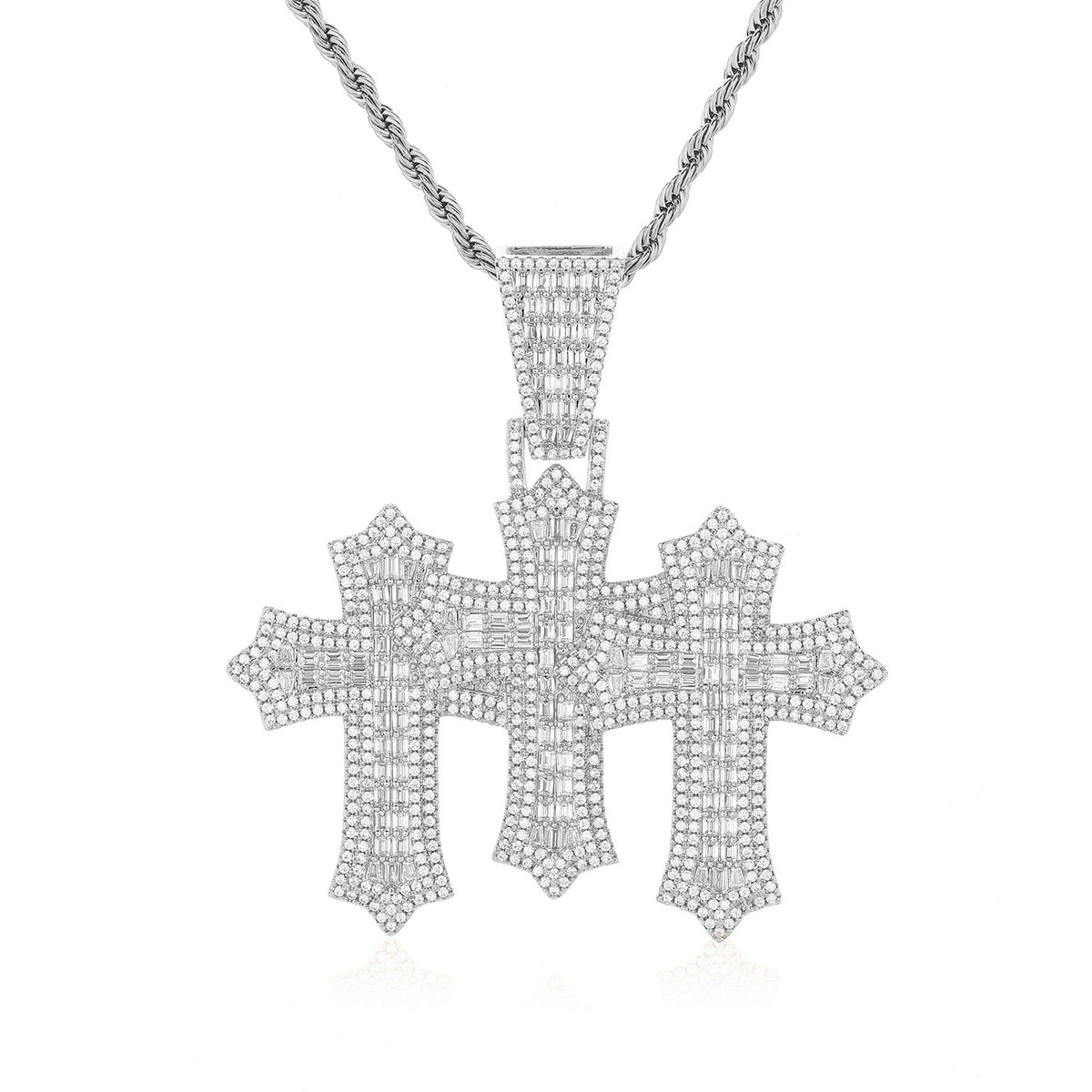 Triple Cross Pendant Necklace, 3MM Rope Chain, Zirconia Hip Hop Jewelry product image