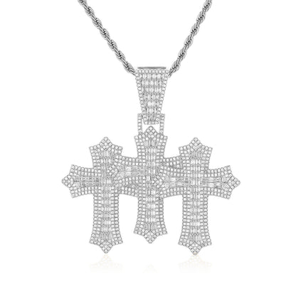 Triple Cross Pendant Necklace, 3MM Rope Chain, Zirconia Hip Hop Jewelry