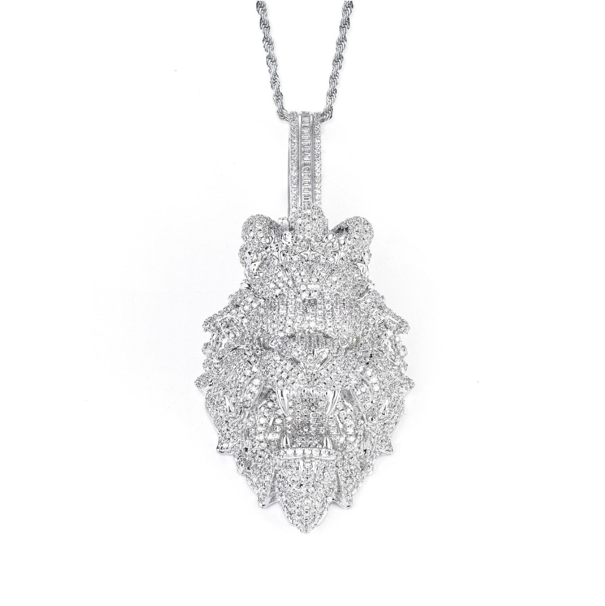 Lion Head Cubic Zirconia Pendant Necklace, Cuban Chain Streetwear Hip Hop Jewelry, 24 Inch Twisted Chain, White Tone / Yellow Tone product image