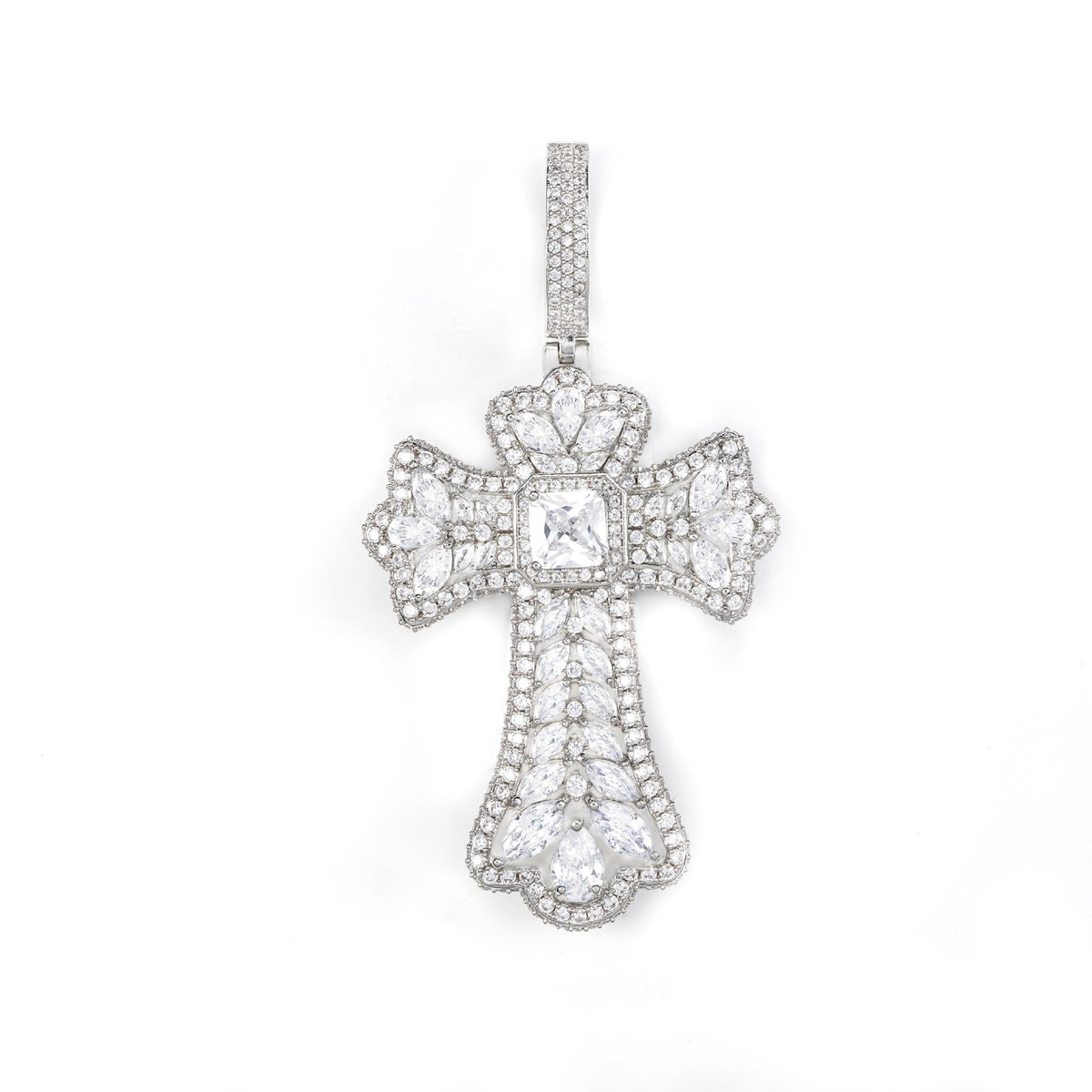 Cross Pendant Necklace with Cubic Zirconia Pave, 3MM Twist Chain, 24 Inch, White Tone or Yellow Tone, Hip Hop Style Jewelry product image