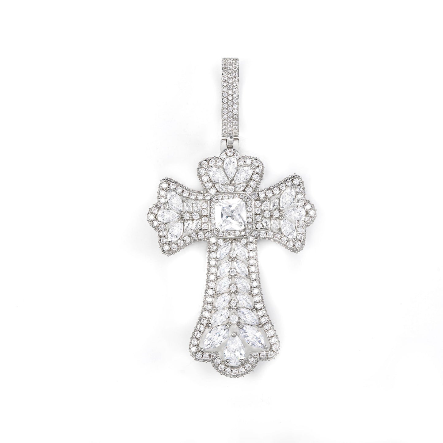 Cross Pendant Necklace with Zircon Pave, 3MM Twist Chain, 24 Inch, White Tone or Yellow Tone, Hip Hop Style Jewelry