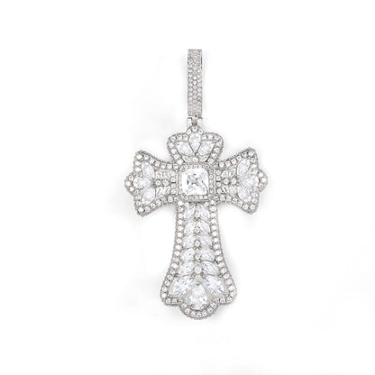 Cross Pendant Necklace with Cubic Zirconia Pave, 3MM Twist Chain, 24 Inch, White Tone or Yellow Tone, Hip Hop Style Jewelry