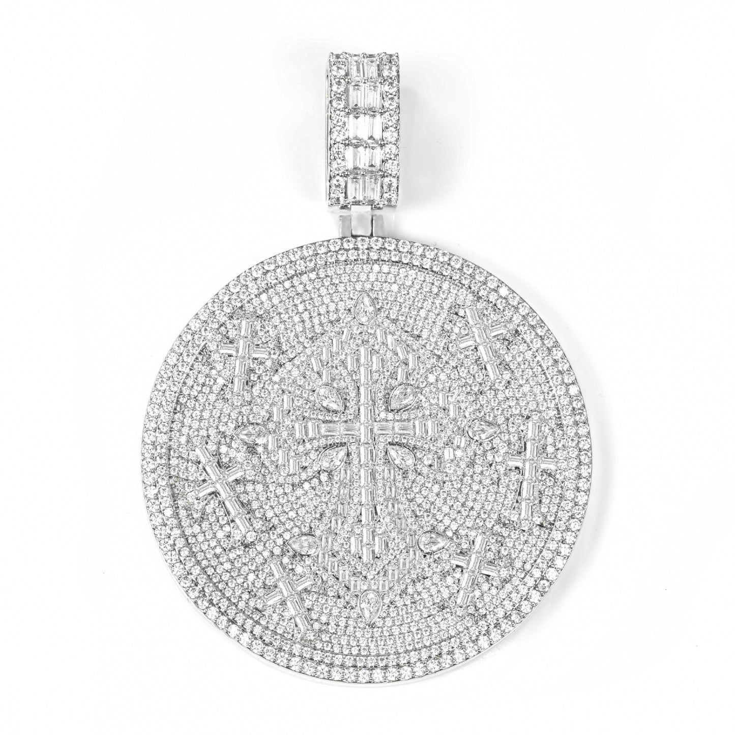 Iced Cross Round Pendant Necklace, 3MM Twisted Chain, Hip Hop Streetwear Jewelry