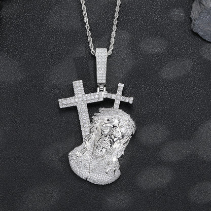 Hip Hop Cross Face Pendant Necklace, Micro-Set Copper Figure, 3MM Twist Chain