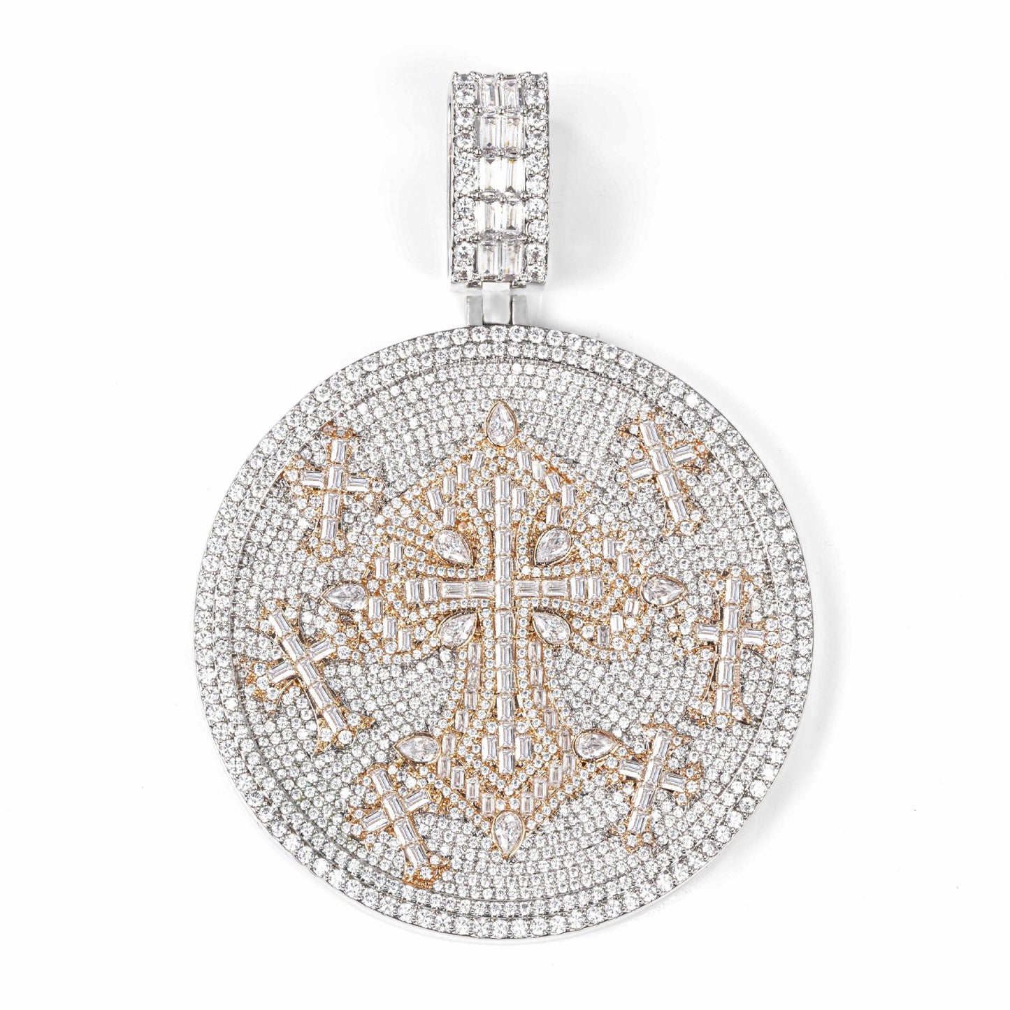 Iced Cross Round Pendant Necklace, 3MM Twisted Chain, Hip Hop Streetwear Jewelry