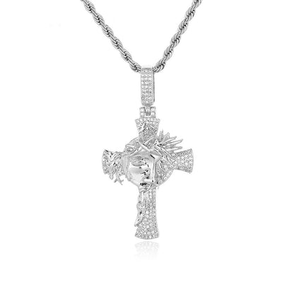 Crown of Thorns Cross Pendant Rope Chain Necklace for Men, Iced-Out Hip Hop Copper Jewelry