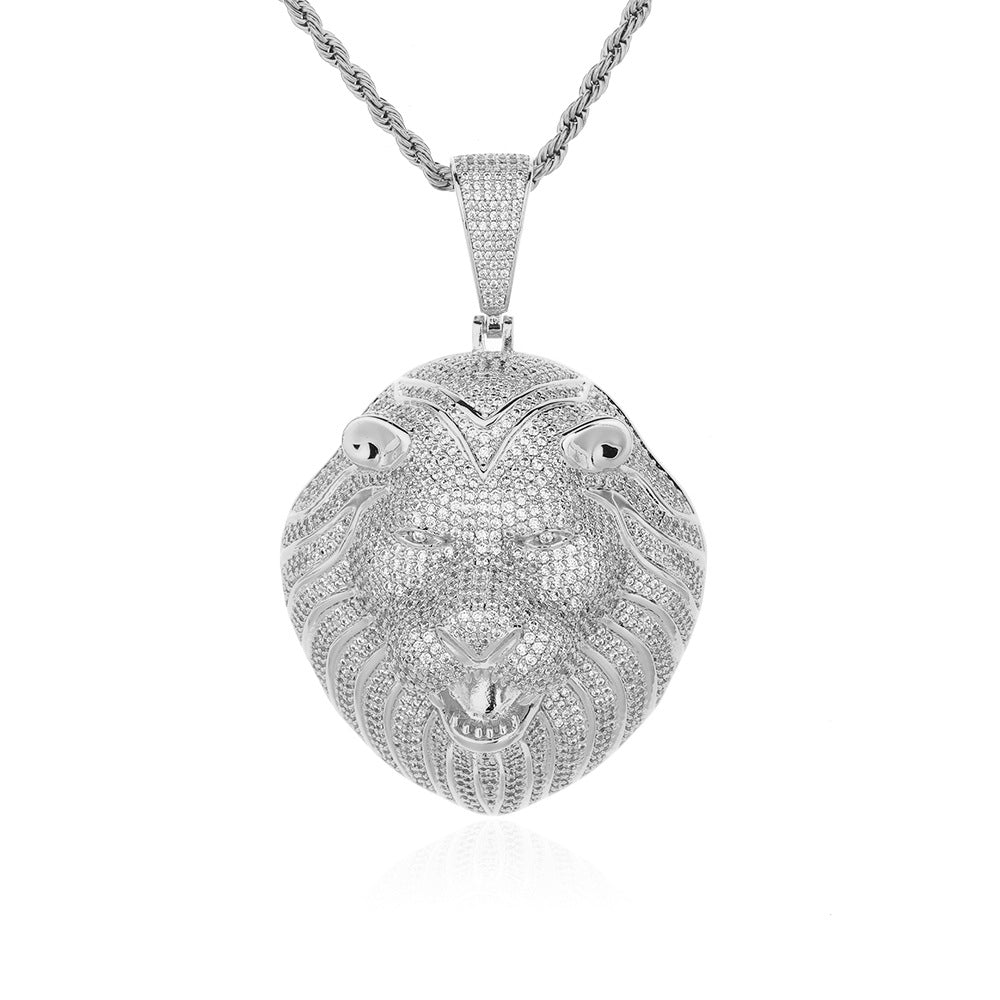 Lion Head Pendant Necklace, Micro-Set Zircon Rope Chain Hip Hop Jewelry