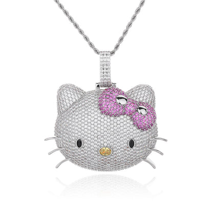 Cartoon Cat Face Rhinestone Pendant Necklace, Twisted Chain, Hip-Hop Style