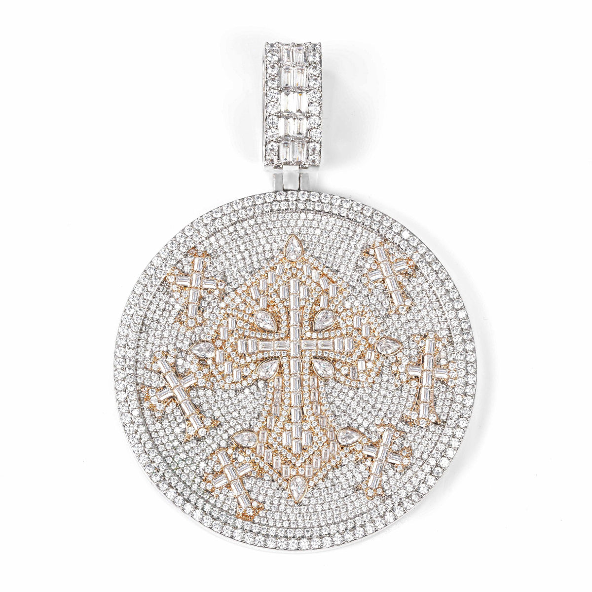 Moissanite Cross Pendant Necklace, Round Disc Iced-Out Rope Chain product image