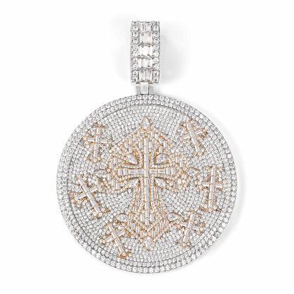 Moissanite Cross Pendant Necklace, Round Disc Iced-Out Rope Chain