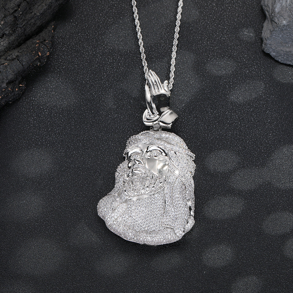 Men's Hip Hop Jesus Pendant Necklace with Praying Hands and Zircon Detail