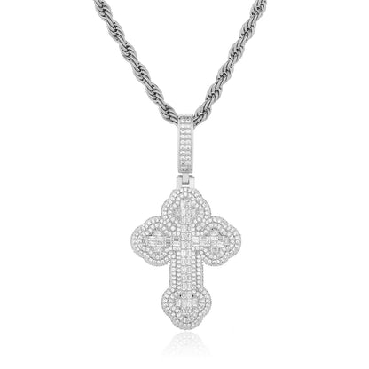 Cross Pendant Necklace with Cubic Zirconia, 3mm Twisted Rope Chain, 24 Inch, Gold Tone / White Gold Tone