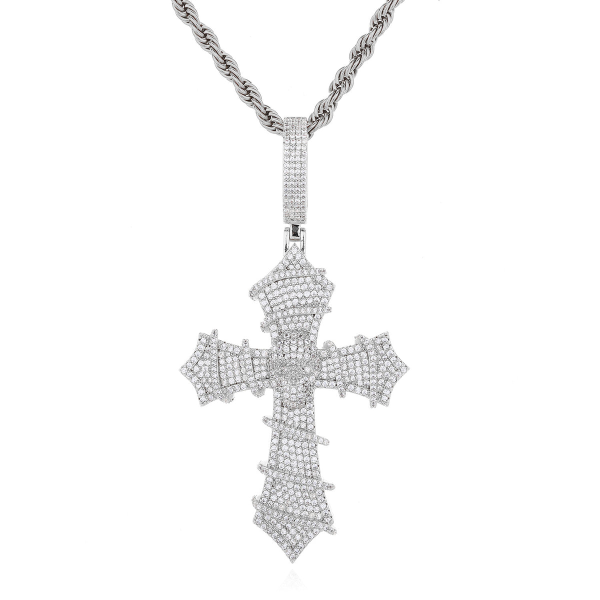 Iced Cross Pendant Necklace, Cubic Zirconia Rope Chain, Vintage Streetwear Jewelry product image