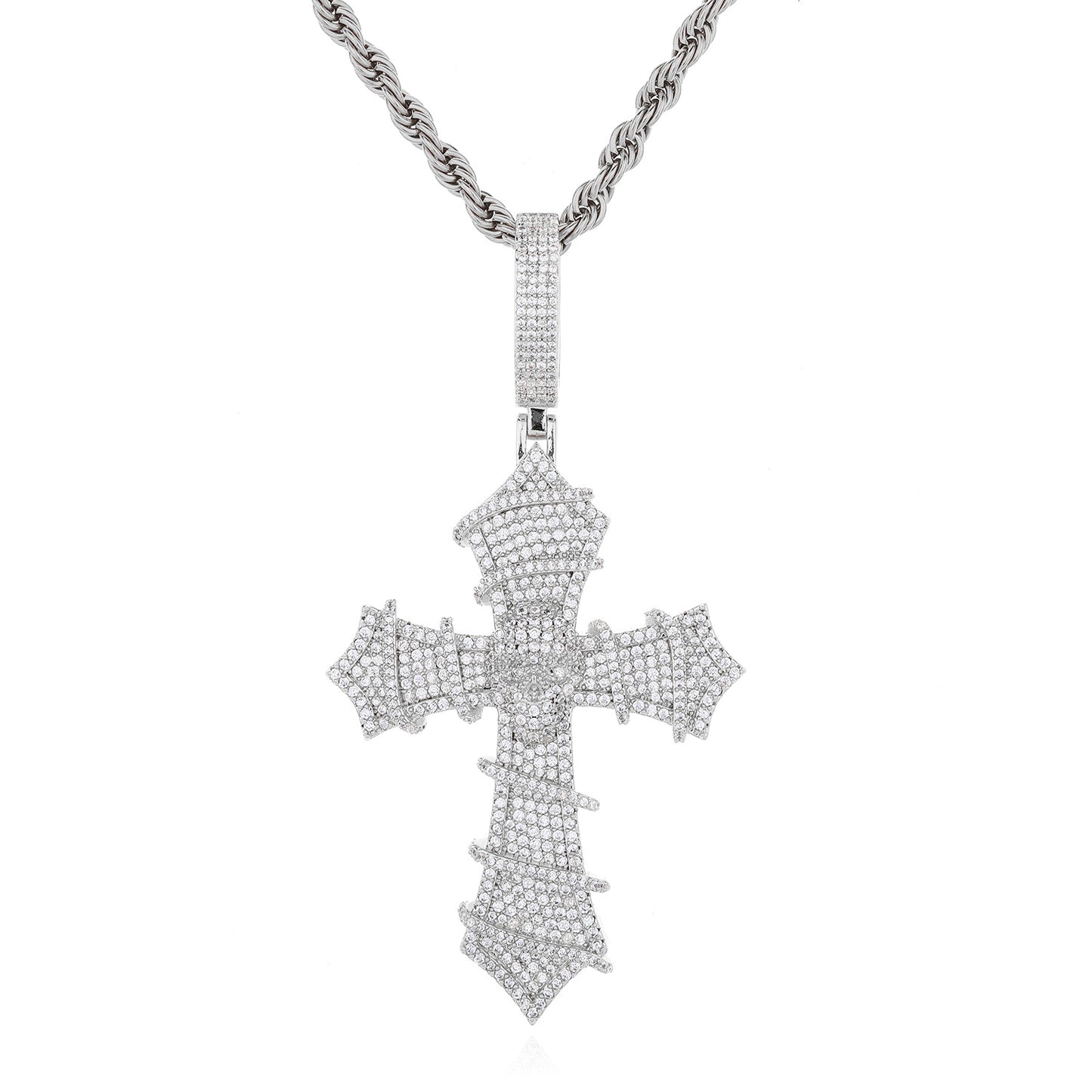 Iced Cross Pendant Necklace, Cubic Zirconia Rope Chain, Vintage Streetwear Jewelry