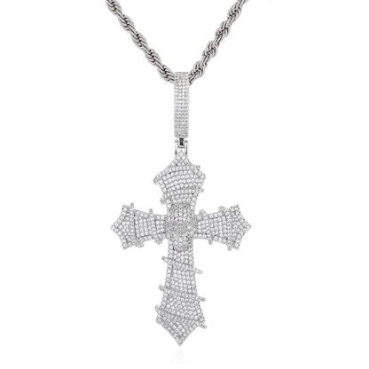 Iced Cross Pendant Necklace, Cubic Zirconia Rope Chain, Vintage Streetwear Jewelry